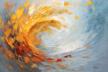 Abstract Autumn Digital Oil Painting With Swirl Of Leaves Against Sky Blue Background - Generative AI