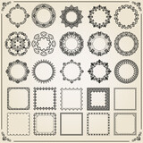 Fototapeta Zachód słońca - Vintage set of vector square and round elements. Elements for backgrounds and frames. Classic black and beige patterns. Set of vintage patterns