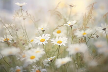 White Daisies In The Garden. Retro Vintage Flowers Style With Soft Blurred Filter Background