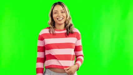 Sticker - Green screen, face or stomach of happy pregnant woman in studio for body wellness or development. Pregnancy portrait, love or mother to be laughing or holding belly for bonding or healthy baby growth