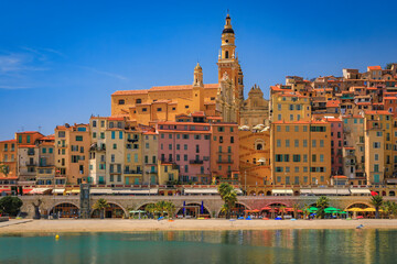 Sticker - View of the colorful old town facades above the Mediterranean Sea in Menton on the French Riviera, South of France on a sunny day