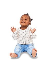 African, children and adorable with a girl baby isolated on a transparent background for child development. Kids, happy and innocent with a cute young female infant sitting on PNG in a casual outfit