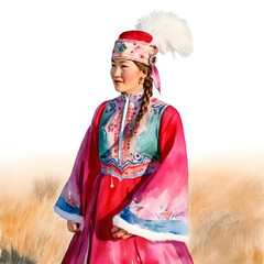 Wall Mural - Generative ai portrait of beautiful asian kazakh mongolian chinese woman in national costume