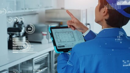 Poster - Worker inspecting with tablet and statistics data concept.