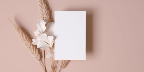 Wall Mural - Blank greeting card, mockup paper. Boho Minimal Style. Wedding invitation, Brithday stationery. Flat lay Top view Copyspace, Generative AI.