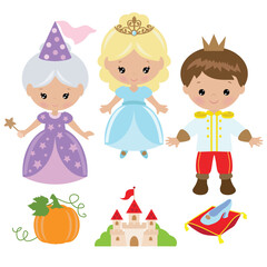 Cinderella fairy tale characters vector cartoon illustration