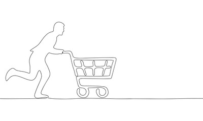 Wall Mural - Man with shopping trolley, continuous line drawing art. Abstract simple shopping banner. One line continuous outline isolated vector illustration.