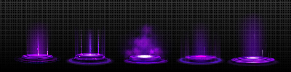 Poster - Set of circle hologram portals with purple light effect. Vector realistic illustration of futuristic game technology, round podiums with smoke, laser beams, neon sparkles. Teleport to scifi universe