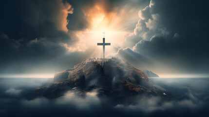 holy cross symbolizing the death and resurrection of jesus christ with the sky over golgotha hill is