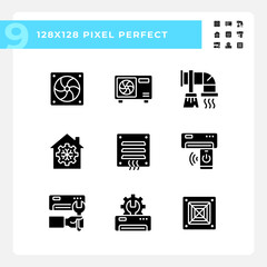 Poster - Heating and cooling black glyph icons set on white space. Ventilation system. Air conditioner. Temperature control. Silhouette symbols. Solid pictogram pack. Vector isolated illustration