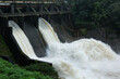 Hydroelectric dam on the river with water overflowing the dam after heavy rain in Munnar Idukki Kerala India. Indian renewable energy eco friendly electric project	