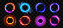 Optical Halo Flares With Neon Light Vector Effect Set Isolated On Transparent Background. Circle Lens Ring With Glitter 3d Digital Design. Radiant Speed Motion Design. Magic Energy Vortex With Spark