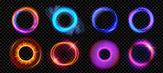 optical halo flares with neon light vector effect set isolated on transparent background. circle len