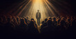 © Bartek - A man stands in the spotlight at the front while the audience and numerous listeners watch. Convincing notions for business conversations. voice strength