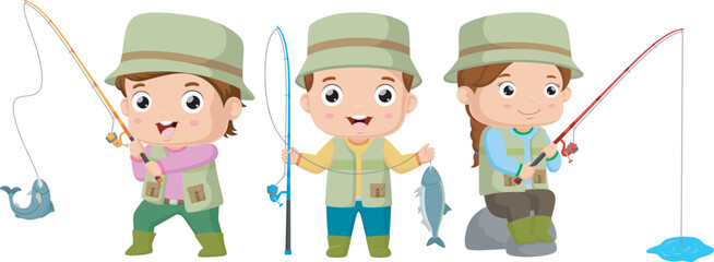Canvas Print - Set of kids fishing fish cartoon