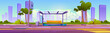 Bus stop station on city road background near sign. Public transport construction on street with bench and glass. Transportation highway near park crosswalk and cityscape view cartoon summer concept.