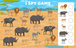 I spy game cartoon african savannah animals. Vector worksheet for calculation learning activity for children with zebra, rhino, buffalo, lion, antelope and cheetah in Africa savanna nature landscape