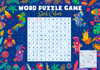 Aufkleber - Word search puzzle game with colors of Brazilian parrots, vector quiz worksheet. Tropical jungle parrot birds in colorful flowers to guess and find the color words on kids word search puzzle grid