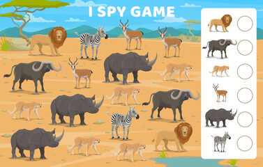 Aufkleber - I spy game cartoon african savannah animals. Vector worksheet for calculation learning activity for children with zebra, rhino, buffalo, lion, antelope and cheetah in Africa savanna nature landscape