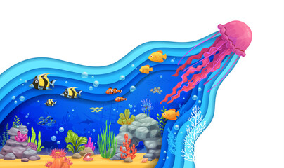 Wall Mural - Cartoon jellyfish in underwater paper cut landscape, vector tropical fish shoal, seaweeds and corals. Ocean underwater papercut, coral reef and sunken ship wrecks in deep water in paper cut layers