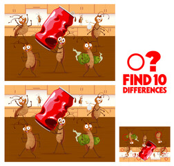 Aufkleber - Find ten differences. Cartoon cockroach characters on kitchen kids vector game worksheet. Educational children riddle, leisure activity with funny pests steal garbage and old tin can, riddle task
