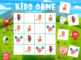 Poster - Sudoku kids game cartoon human organs sportsman characters. Vector educational quiz with healthy nose, spleen, ear and brain in boxes. Boardgame puzzle task, children teaser for leisure recreation