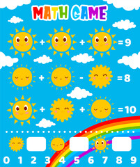 Poster - Math game worksheet. Cartoon sun characters, rainbow and clouds. Education riddle, mathematical addition and subtraction vector quiz with sun cheerful personage smiling face, sky clouds, rainbow
