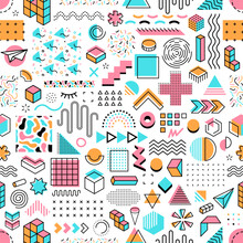 Memphis Geometric Shapes Seamless Pattern, Vector Background With Abstract Elements, Colors And Forms. Memphis Pattern Of Line Figures, Pop Art Doodle Dots And Random Circle Or Zigzag Pattern