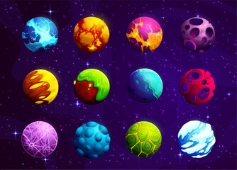 Poster - Cartoon alien fantasy space planets. Vector colorful fantastic galaxy ui game asteroids. Cosmic world objects with holes, frozen ice, pimples, green toxic goo, craters and glowing lava on surface