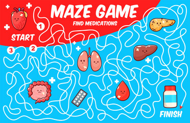 Aufkleber - Labyrinth maze game. Help to sick human body organ find a medication. Kids maze playing activity vector worksheet, labyrinth puzzle with ill heart, lungs, kidney and pancreas, intestine personages