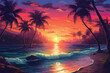 tropical beach at sunset with palm tree