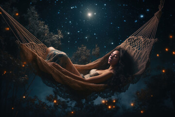 Wall Mural - Beautiful young woman in a hammock in the night forest. Generative AI