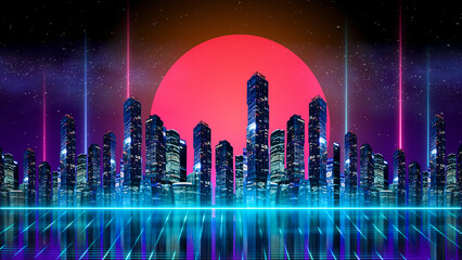 Wall Mural - Metaverse smart technology city. Digital futuristic data skyscrapers on technological blue background. Business, science, internet concept