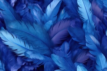 Beautiful seamless pattern with blue bird feathers, endless texture. Fabric template. Organic background. Generated with AI.