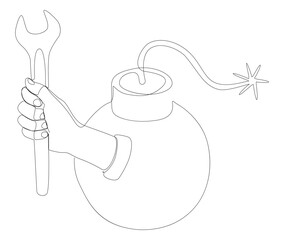 Poster - One continuous line of bomb and wrench. Thin Line Illustration vector concept. Contour Drawing Creative ideas.