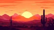 Leinwandbild Motiv Vector illustration of sunset desert panoramic view with mountains and cactus in flat cartoon style Generative AI