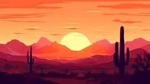 Vector Illustration Of Sunset Desert Panoramic View With Mountains And Cactus In Flat Cartoon Style Generative AI