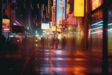 Fototapeta Londyn - Blurred Street Film Photo. Vintage Aesthetic, Urban Night Scene, Defocused Bokeh Lights, Analog Nostalgia, Atmospheric Pedestrian Activity in Dark. Generative AI