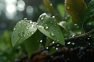 Poster - raindrops on a leaf .generated by Ai.