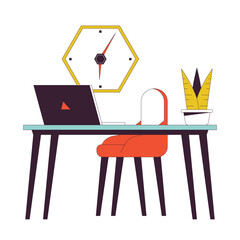 Fototapete - Laptop on office desk flat line color isolated vector object. Remote work. Computer on table. Editable clip art image on white background. Simple outline cartoon spot illustration for web design