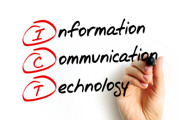 Aufkleber - ICT - Information and Communication Technology acronym, business concept background