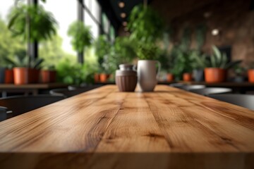 Wall Mural - table product display, cozy restaurant interior blur background