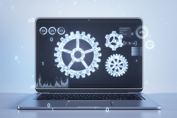 Wall Mural - Creative laptop with glowing binary code cogwheel on screen. Blurry light background. Adjusting app, setting options, maintenance, repair, fixing. 3D Rendering.