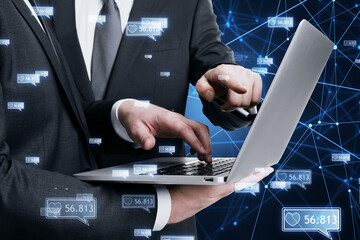 Aufkleber - Concept of network and internet communication. Close up of businessmen hands using laptop with creative polygonal likes network on blurry background. Double exposure.