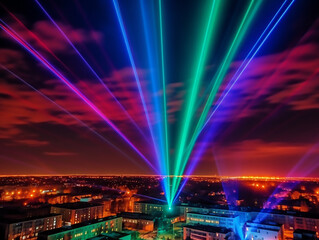 Poster - Phantastic blue,red and green colored lasershow in the sky, berlin