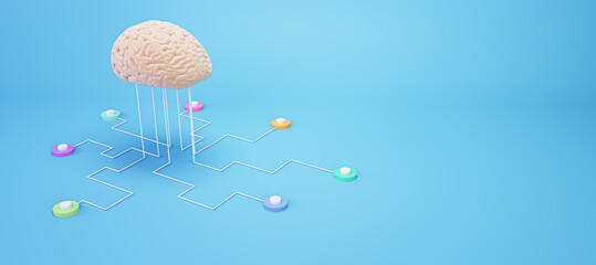 Science and innovative technologies concept with human brain layout connected to sensors for computer testing on blank blue background for advertising poster or logo. 3D rendering, mock up
