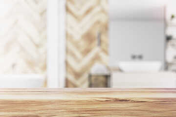 Poster - Front view of empty wooden table top in bathroom interior with blurred background, product presentation concept, mockup. 3D rendering