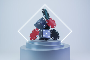 Poster - Casino chips and cubes on light blue background. 3D Rendering