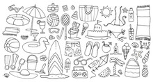 Vector Beach Activity Doodle Set, Isolated On White, Outline Colouring Book Page, Summer Vacation Accessory Collection