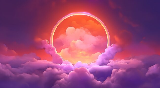 Generative AI, circle shape glowing with neon light inside the soft colorful cloud, fantasy pink and purple sky